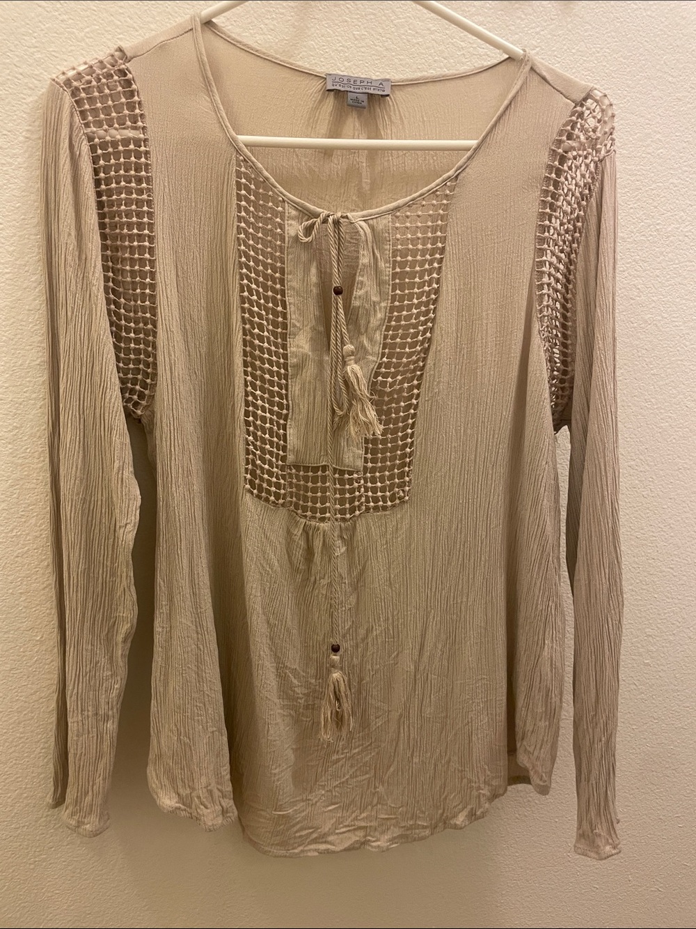 Joseph A Beige Crochet-Paneled Tassel Tunic Top